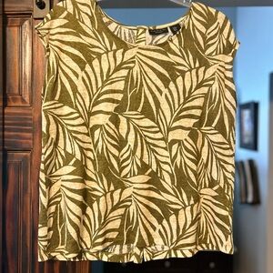 Tahari Olive and Cream Leaf Print Blouse